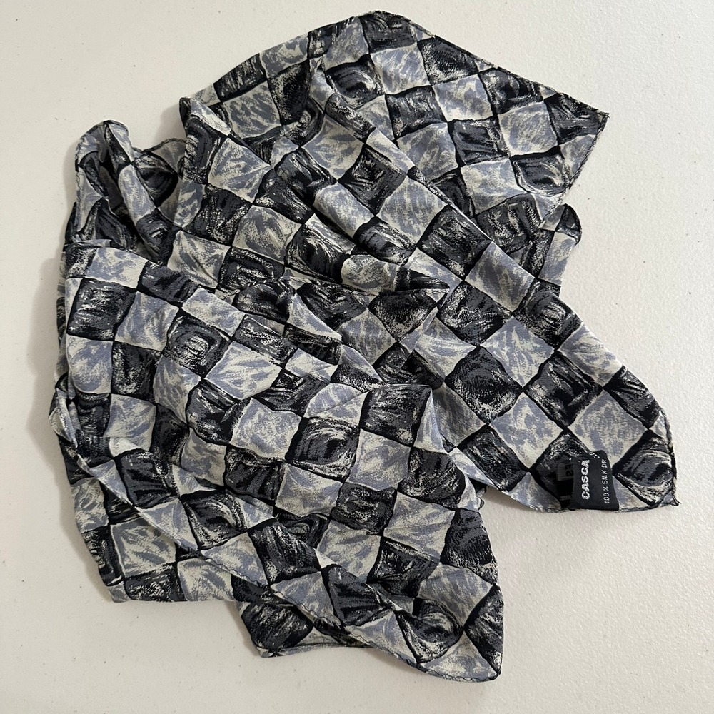 Vintage Casca Womens 100% Silk Black Grey Checkerboard Print Scarf Wrap 56 x 14